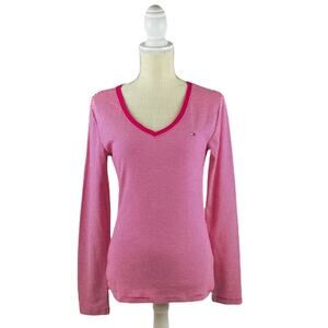 Tommy Hilfiger Top Womens Medium Pink White Striped Long Sleeve V-Neck Tee